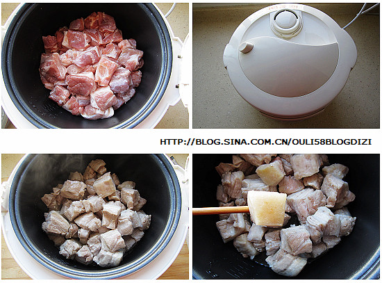 电饭锅版红烧肉,无油无水的电饭锅，将五花肉肥肉面向下，整齐码在锅底，瘦肉摞在上面，盖上锅盖接通电源，按下煮饭键，10分钟后，打开锅子，发现肥肉部分发黄，锅里很多油;