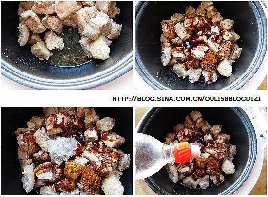 电饭锅版红烧肉,加入<a style='color:red;display:inline-block;' href='/shicai/ 762'>老抽</a>2小勺、<a style='color:red;display:inline-block;' href='/shicai/ 788'>生抽</a>1小勺、<a style='color:red;display:inline-block;' href='/shicai/ 721'>蚝油</a>1小勺、醋1小勺、<a style='color:red;display:inline-block;' href='/shicai/ 866'>冰糖</a>1块，倒入<a style='color:red;display:inline-block;' href='/shicai/ 900'>白酒</a>1小勺；