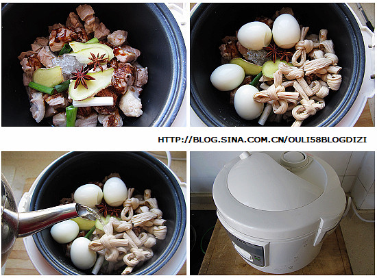 电饭锅版红烧肉,加入葱姜<a style='color:red;display:inline-block;' href='/shicai/ 695'>八角</a>，放入泡好的豆结和剥皮的鸡蛋，加入热水没过肉，盖上盖子接着煮；