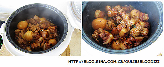 电饭锅版红烧肉,等到锅里的汤汁收紧，电饭锅自动跳到保温键即可关火。（整个过程大约45分钟左右，中途可以打开盖子，将底下的肉翻上来，加入半小勺盐调味即可）