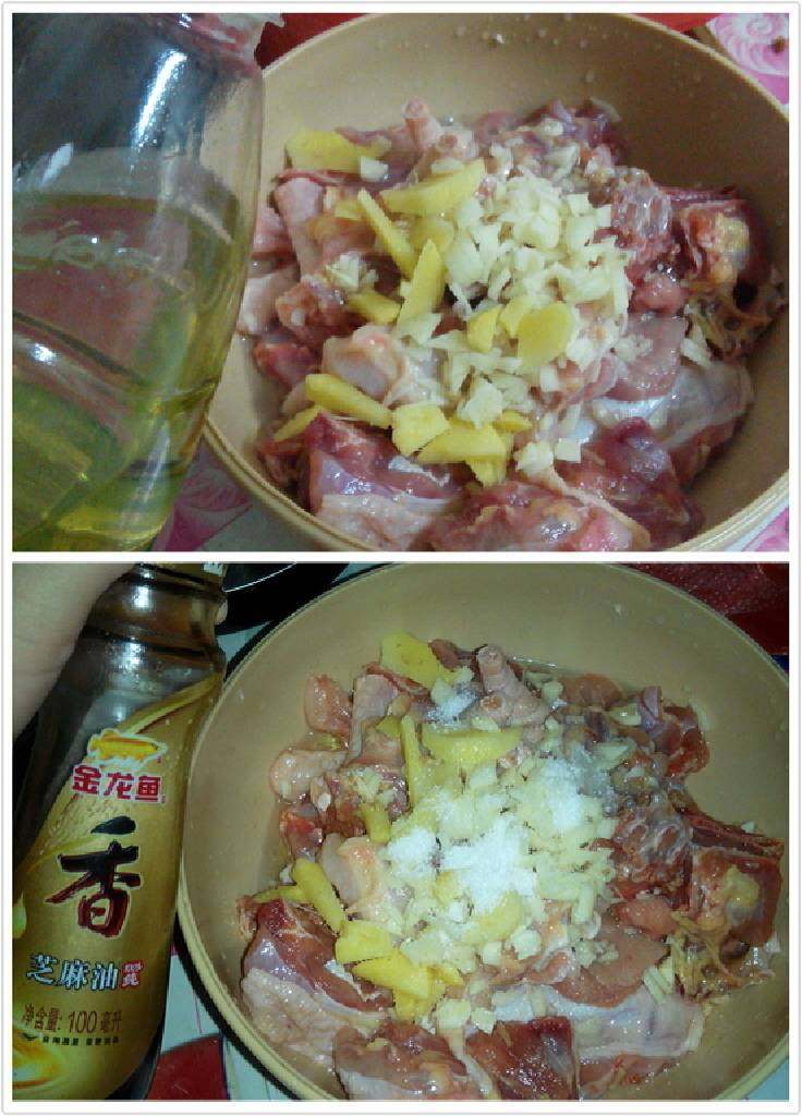 电饭锅版香菇焖鸡,鸡肉加入姜蒜，放点花生油，香油