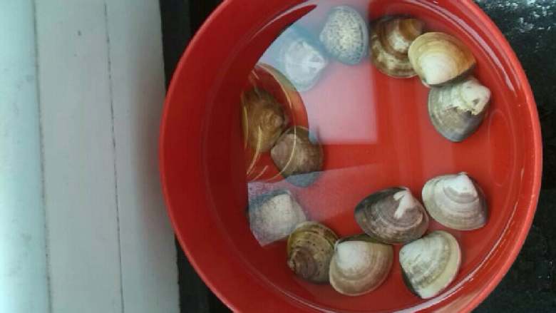 ≈丝瓜油蛤汤≈,油蛤用盐水泡，使其吐沙