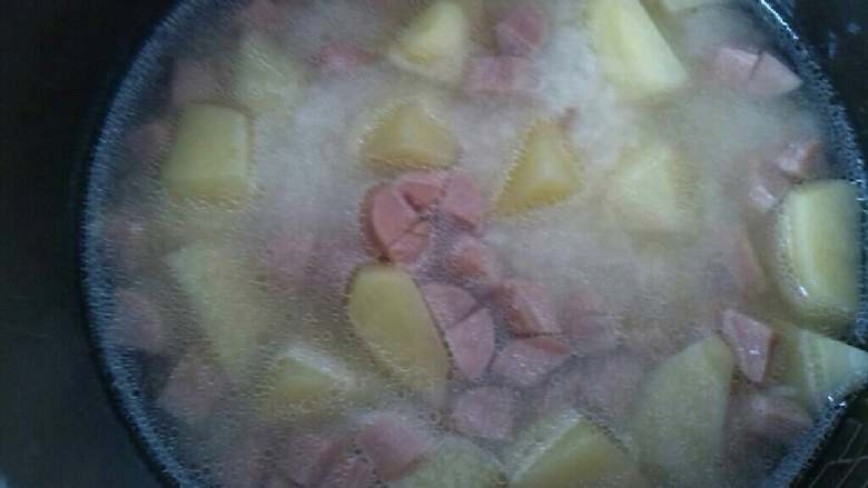 ≈火腿肠土豆焖饭≈,接着把炒好的土豆和火腿肠倒入泡好的大米中