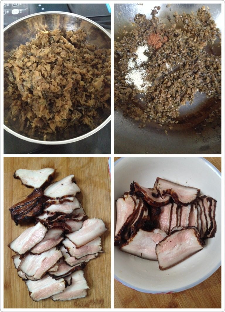 梅菜扣肉,梅干菜腌制好后，挤出水份，倒入刚才煎五花肉的油锅中炒，放入<a style='color:red;display:inline-block;' href='/shicai/ 756'>鸡精</a>，<a style='color:red;display:inline-block;' href='/shicai/ 744'>五香粉</a>，翻炒几下即可出锅，五花肉切片，整齐的码放在碗中