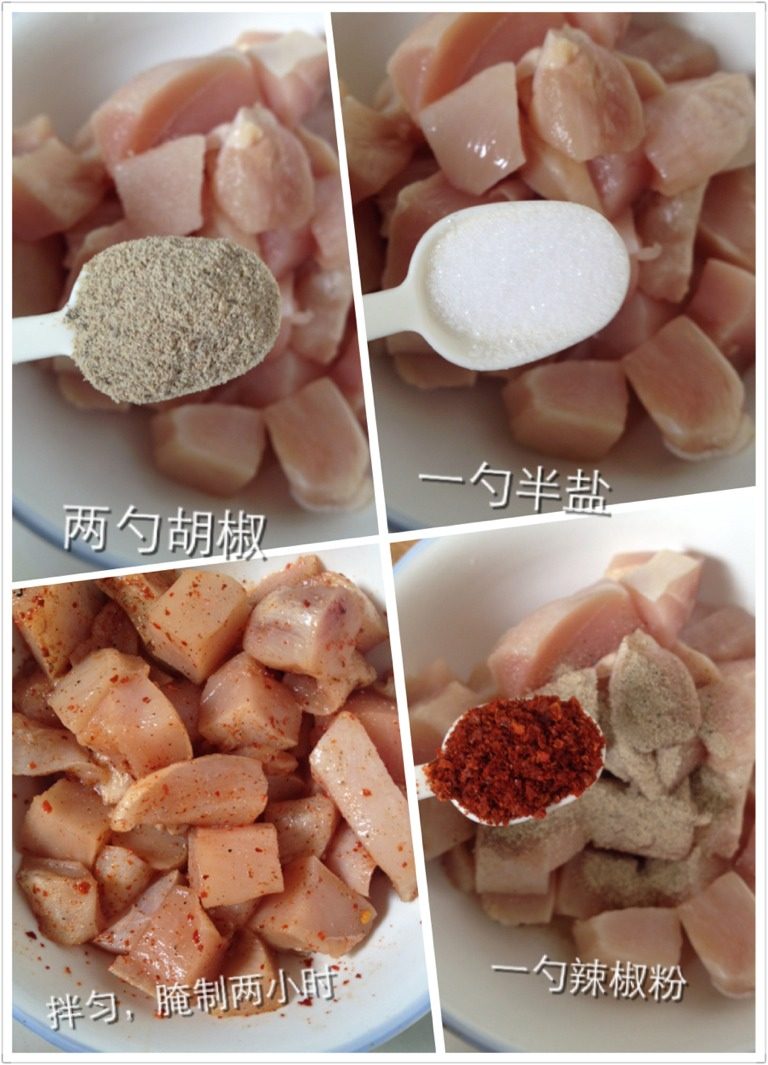 辣味黄金鸡胸肉,两勺胡椒，一勺半盐，一勺<a style='color:red;display:inline-block;' href='/shicai/ 761'>辣椒粉</a>（喜欢吃辣可以多放点），拌匀腌制两小时