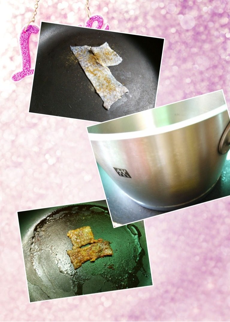 墨碎白鳕,如图鱼皮解冻后用厨房纸擦干放置平底锅里铺开撒点盐和十三香,再刷点油,取一厚底锅烧热放入鱼皮上压煎