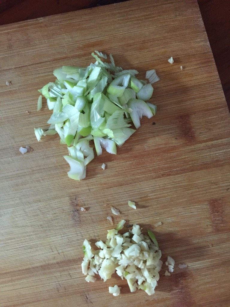 蔬菜肉丝炒面片,葱末蒜末