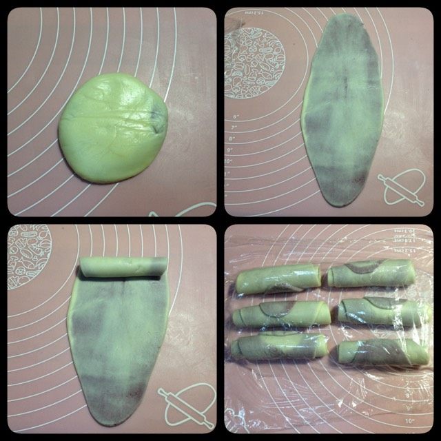 紫薯酥,取一个面团压扁,用擀面杖擀成长条,从上往下卷起盖上保鲜膜