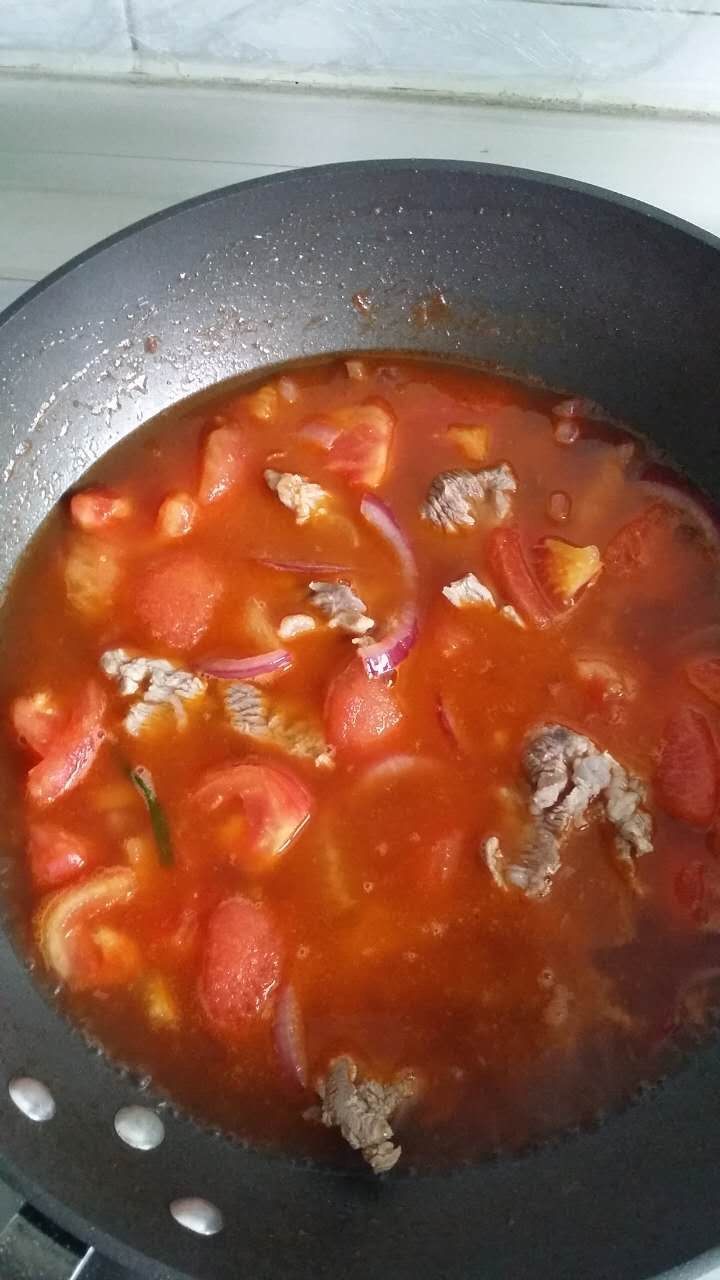 番茄牛肉汤,煸炒至粘稠时，一次性加水1500毫升。煮开后，转小火焖烧一小时左右。出锅前半小时，加剩下的番茄块，用盐调味。