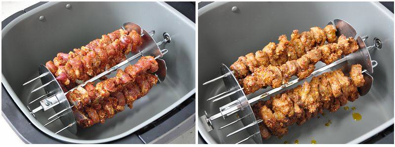 孜然羊肉串,再将肉串插进串烧架,并将顶部锁扣紧,以便烘烤时顺利旋转。将串烧架安装进转轴孔内。