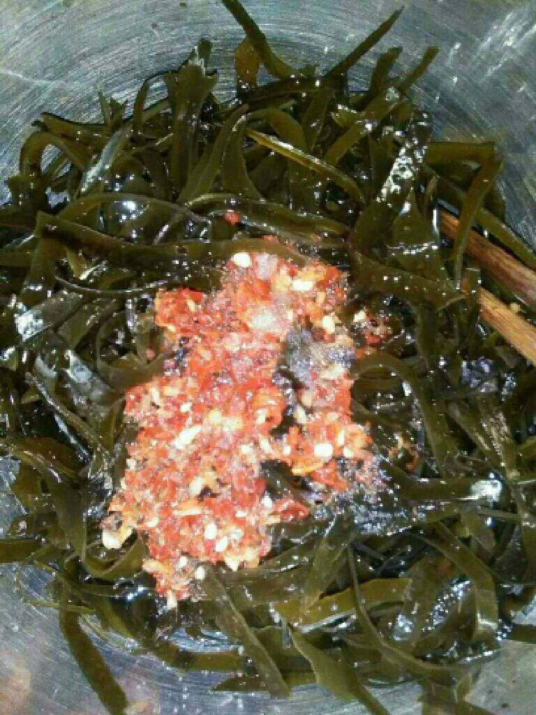 凉拌海带丝,将调好的汁倒入容器里的海带丝上进行和青瓜丝搅拌均匀
