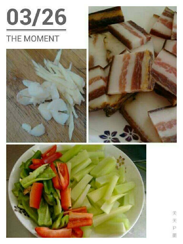 莴笋炒腊肉,把腊肉洗净切片、莴笋、辣椒切段、姜蒜切好装盘备 用。