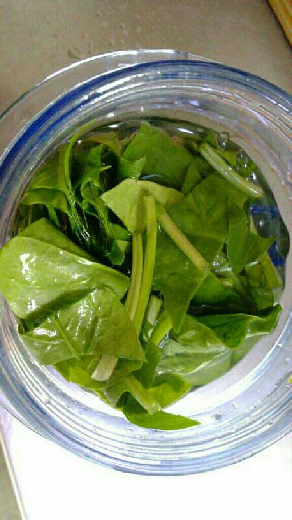 自制菠菜面,.把菠菜洗净去根,放搅拌杯里加适量水。