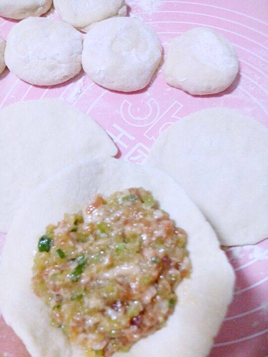 芹菜肉馅包子,发好的面, 反复揉至5分钟左右,排尽里面的空气。揉成长条,分成小段,在擀成面皮,加入馅,如图。