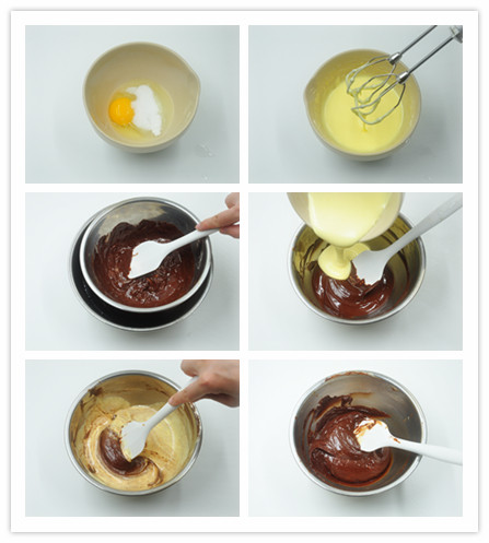 甜姜巧克力雪球,将蛋液倒入温热的巧克力中搅拌均匀。将低粉和<a style='color:red;display:inline-block;' href='/shicai/ 702'>泡打粉</a>、<a style='color:red;display:inline-block;' href='/shicai/ 113461'>杏仁粉</a>混合筛入巧克力蛋糊中
