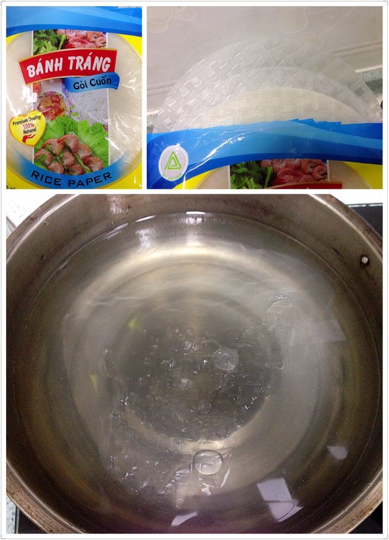 越南春卷,如图:氽完丝后熄火,等水温稍降,取一片春卷皮入水泡软即取出。