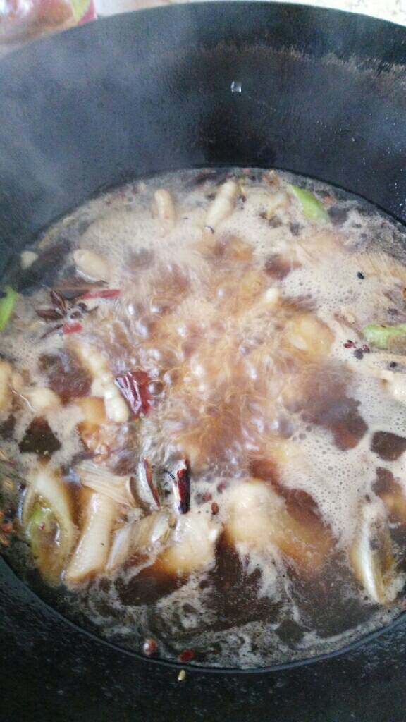 ≈卤鸡爪≈,加入能没过鸡爪的水,加入盐,鸡精,料酒,生抽,老抽,腐乳调味