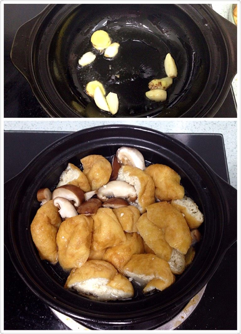 杂菌蛋饺煲,取一砂锅,热一点油,爆香姜蒜,倒入香菇和油豆腐翻炒一下,倒入清水煮至水开,加盐、生抽调味。