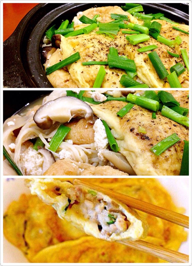 杂菌蛋饺煲,全部食材入锅后,再小火煮5分钟,出锅前磨入<a style='color:red;display:inline-block;' href='/shicai/ 134333'>黑胡椒</a>,洒上葱段,大火煮沸,上桌揭盖。