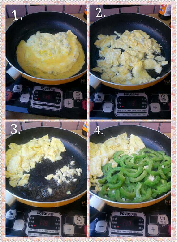 苦瓜炒蛋,如图，起锅倒少许油，<a style='color:red;display:inline-block;' href='/shicai/ 9'>鸡蛋</a>磕入碗中打匀，倒入油锅，定型后用铲子直接在里面切小碎片，滴上一小滴<a style='color:red;display:inline-block;' href='/shicai/ 718'>料酒</a>，搁置一边，另外一边放入蒜末爆香，苦瓜倒入翻炒片刻，加适量<a style='color:red;display:inline-block;' href='/shicai/ 3729'>白糖</a>，一小勺盐巴，<a style='color:red;display:inline-block;' href='/shicai/ 717'>味精</a>。翻炒片刻。