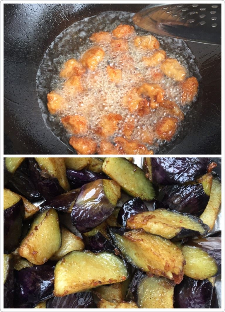 熘肉段,把油烧开,放肉炸至金黄,茄子炸软,然后再重复把茄子和肉段分别在炸第二次,这样的肉,外酥里嫩,