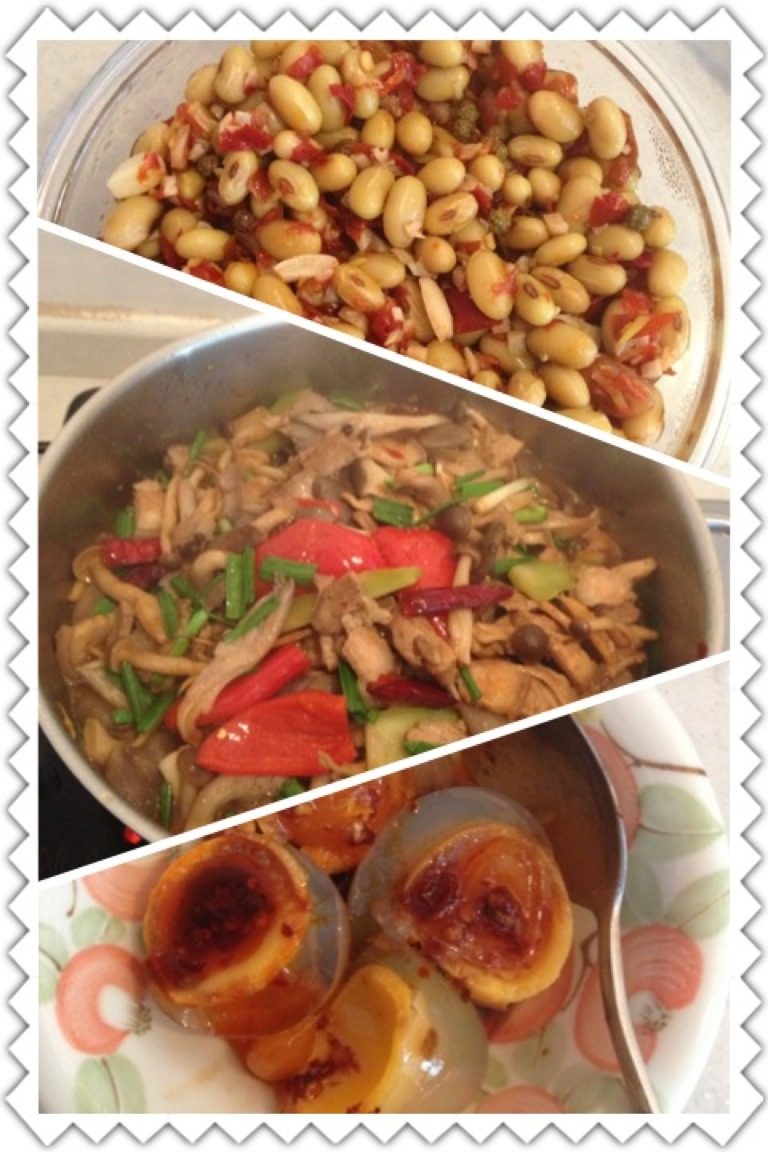 我做的午饭菜自制黄豆粒、五花肉蘑菇煲，凉拌石灰皮蛋