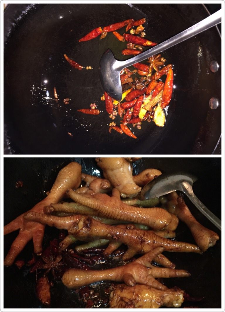 麻辣鸡爪,2热油锅放入<a style='color:red;display:inline-block;' href='/shicai/ 866'>冰糖</a>熬化，放姜片，麻椒，<a style='color:red;display:inline-block;' href='/shicai/ 700'>花椒</a>，<a style='color:red;display:inline-block;' href='/shicai/ 86474'>干辣椒</a>，<a style='color:red;display:inline-block;' href='/shicai/ 695'>八角</a>，<a style='color:red;display:inline-block;' href='/shicai/ 710'>桂皮</a><a style='color:red;display:inline-block;' href='/shicai/ 741'>香叶</a>炒香，放入鸡爪翻炒变色，放酱油挂色，倒少量料酒煮两分钟。