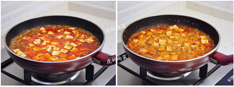 麻婆豆腐,放入豆腐,再加入没过豆腐的鸡汤,一小勺<a style='color:red;display:inline-block;' href='/shicai/ 3729'>白糖</a>。大火煮开后调小火烧煮至汤汁收浓到粘稠即可,或者加入水淀粉勾芡也行。