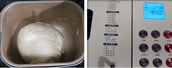 乳酪包,完成和面后,面团放在面包机桶内,进行第一次发酵