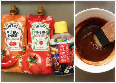 孜然炙烤香排,将孜然烤肉酱和番茄沙司按1:1的比例混合,加入少许蜂蜜搅拌均匀,比例根据自己口味喜好。