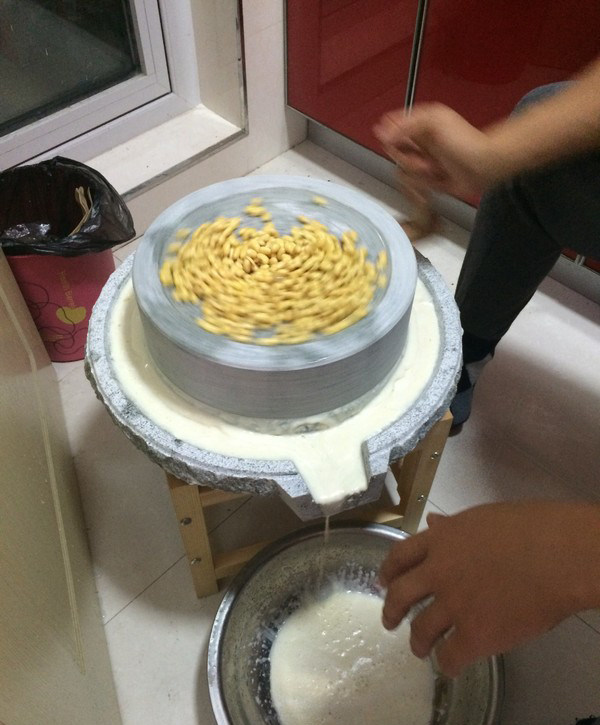 自制豆浆、豆腐,先把<a style='color:red;display:inline-block;' href='/shicai/ 3603'>黄豆</a>,用水浸泡5个小时,让豆子里面都是饱满的,然后开始磨豆子,边磨边放水,一般500g豆子,500g水就可以,一个人口味不同自己可以酌情放水