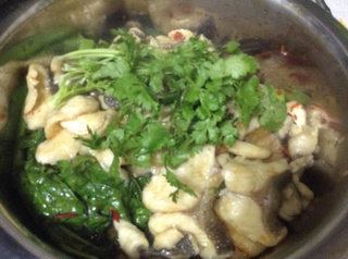 水煮鱼,用漏勺捞出鱼片放在煮好的配菜上面,再把洗净的香菜摆在鱼片上,用勺子把鱼汤倒到上面,大功告成啦!看着是不是很有食欲?