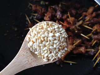 香辣牙签肉,调入1g辣椒面、1g孜然粉和<a style='color:red;display:inline-block;' href='/shicai/ 141911'>熟白芝麻</a>,炒拌均匀即可出锅