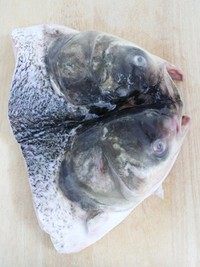 无水版剁椒鱼头,鱼头去鳞去腮，然后用刀剁成背部相连的两片。
