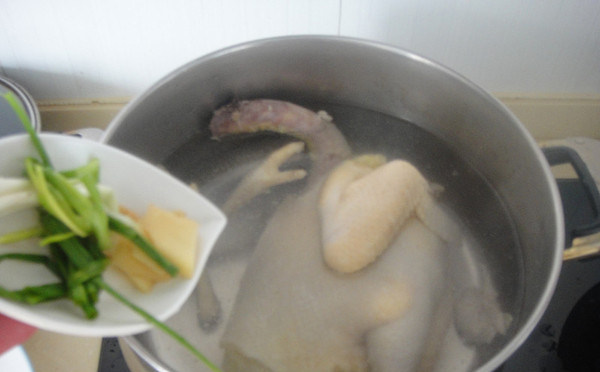 上海糟醉鸡,再把鸡放入汤锅倒入开水,把葱姜加入
