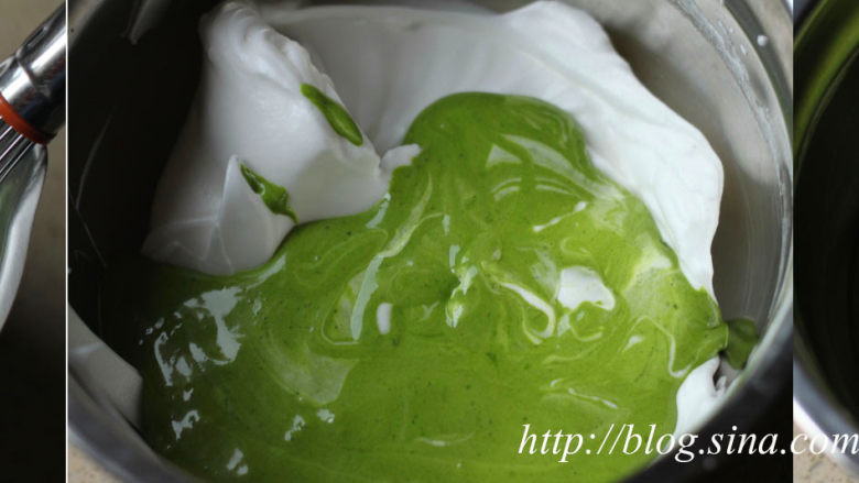 ~水玉抹茶夹心蛋糕卷~一抹清新绿,12、取三分之一打好的蛋白,放入抹茶蛋黄糊内;
13、用打蛋器混合均匀;
14、将拌好的蛋黄糊倒入剩余的蛋白内,切拌均匀;