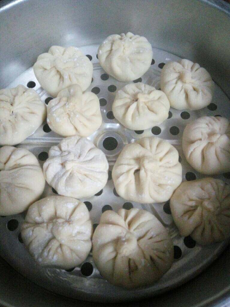 韭菜猪肉馅包子,包子皮擀好,包上馅,捏好,上锅蒸8~10分钟(水开后再放上包子蒸)