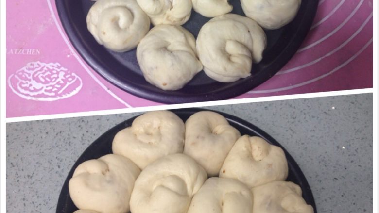 蜂蜜果仁肉桂面包卷,把面卷码入烤盘,二次发酵至2倍大。