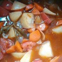 土豆炖牛肉,出锅前放土豆<a style='color:red;display:inline-block;' href='/shicai/ 25'>胡萝卜</a>块加盐烧熟。