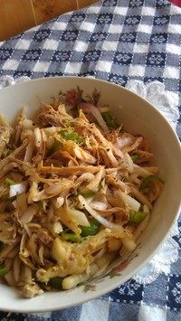 新疆椒麻鸡,OK,放完了材料就拿筷子拌吧,要均匀搅拌才可入味,麻辣油少了可以再加,拌好后放置十几分钟更入味点再吃哦(要大盘子装,不然油什么的都沉底,上层的鸡肉就会比较干了,因为要传图盘子又太大,所以我就拿小盆装了)