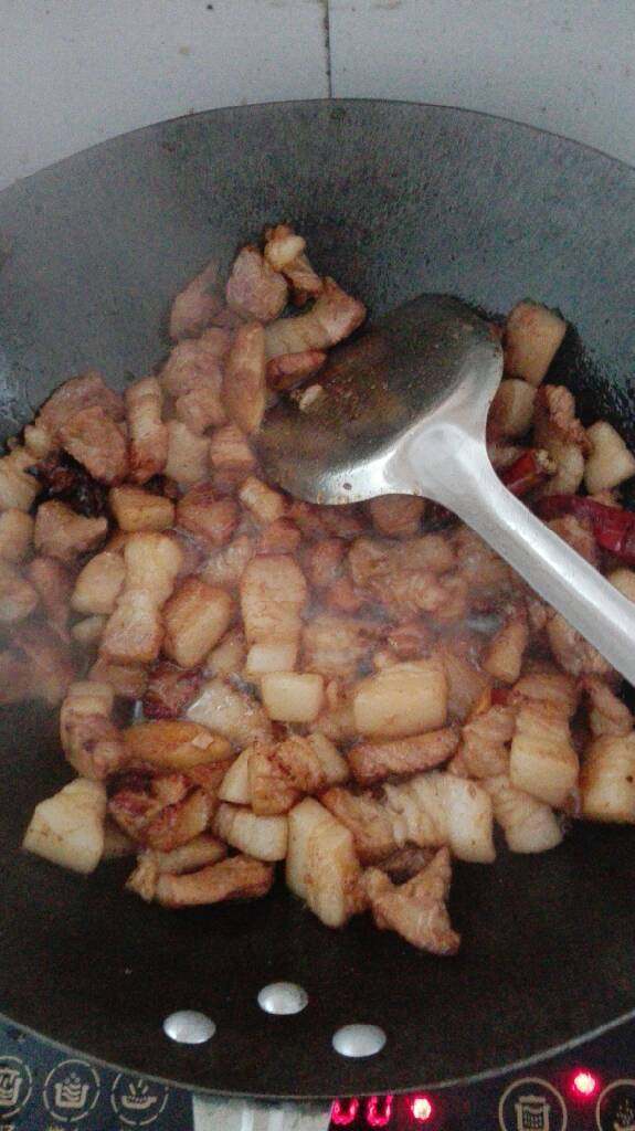 土豆红烧肉,肉洗干净切小块，大小自己决定。冷水下锅煮四五分钟。放姜片八角干辣椒炒！