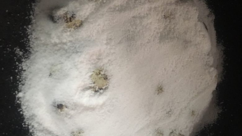 盐焗鹌鹑蛋,待鹌鹑蛋全部平铺上去,最后一层再用一至两厘米厚度盐巴覆盖住,以看不见鹌鹑蛋为准。