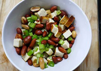 花生米芹菜拌熏干 ,芹菜丁、熏干丁和花生米放在同一容器中