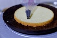 奶油蛋糕,取蛋糕底部的蛋糕坯放入蛋糕托或者盘子里,放在裱花转台上(如果没有裱花转台也可以不用)。准备好圆形裱花嘴和一次性裱花袋。如图