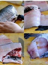 泡菜鱼豆腐,草鱼洗净首先咱们来片鱼,如果不会片鱼的话切块也行啦,片鱼能够让鱼肉受热均匀嫩滑Q弹(⊙o⊙)哦
片鱼:1、整鱼洗净用刀垂直切下头部。
2、左手按着鱼身,右手用刀沿着鱼身顶部主刺贴着主刺从头到尾切掉鱼肉。然后另一面鱼肉也是一样沿着主刺切掉鱼肉。刀一定要快,小心切刀手(⊙o⊙)哦
3、开始片鱼片了,菜刀一定要锋利(⊙o⊙)哦,沿着鱼肉部分斜着一片片片成厚薄均匀的鱼片,多练几次就好了,我片的也不好哈哈哈哈
4、鱼片切好后剩下的鱼骨部分用刀宰成小段