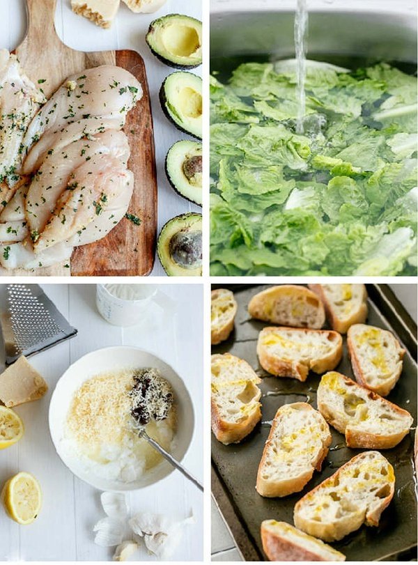 酪梨鸡肉 Caesar Salad,在吐司上淋一点橄榄油，然后煎到金黄，或用烤箱、吐司机烤到香脆。<a style='color:red;display:inline-block;' href='/shicai/ 101'>鸡胸肉</a>上涂抹大蒜粉、欧芹碎和盐，帮鸡肉按摩一下以便入味。时间允许的话，<a style='color:red;display:inline-block;' href='/shicai/ 101'>鸡胸肉</a>最好提前一晚腌制。