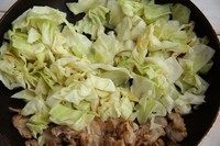 日式酱油炒面,加入高丽菜翻炒,至高丽菜软化。