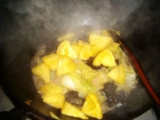 菠萝白菜炒肉,放入菠萝块翻炒均匀