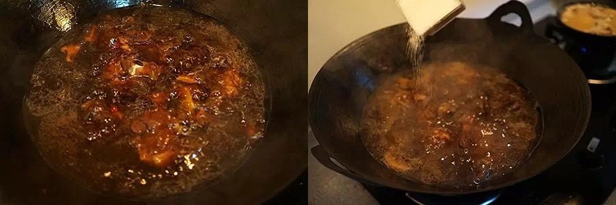 红烧蹄膀,为了更快,在高压锅内小火先炖1小时,然后换锅继续炖煮,加糖,换锅的时候正好可以把碎的辛香料滤掉,并撇去浮油