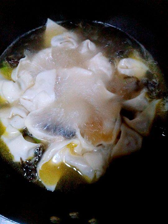 肉馅馄钝,锅子油热后，加入葱花爆锅后，加入水和少许酱油。水烧开后放入馄钝，加入海米，紫菜，<a style='color:red;display:inline-block;' href='/shicai/ 87784'>辣椒丝</a>适量的盐，煮七分钟左右。
